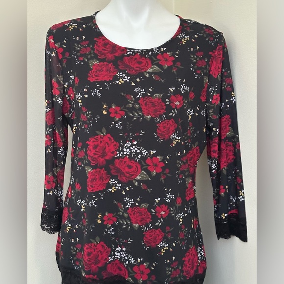 No Boundaries Tops - LACE Floral Black & Red Blouse With Sheer 3/4 Sleeves Sz XXL/2XG